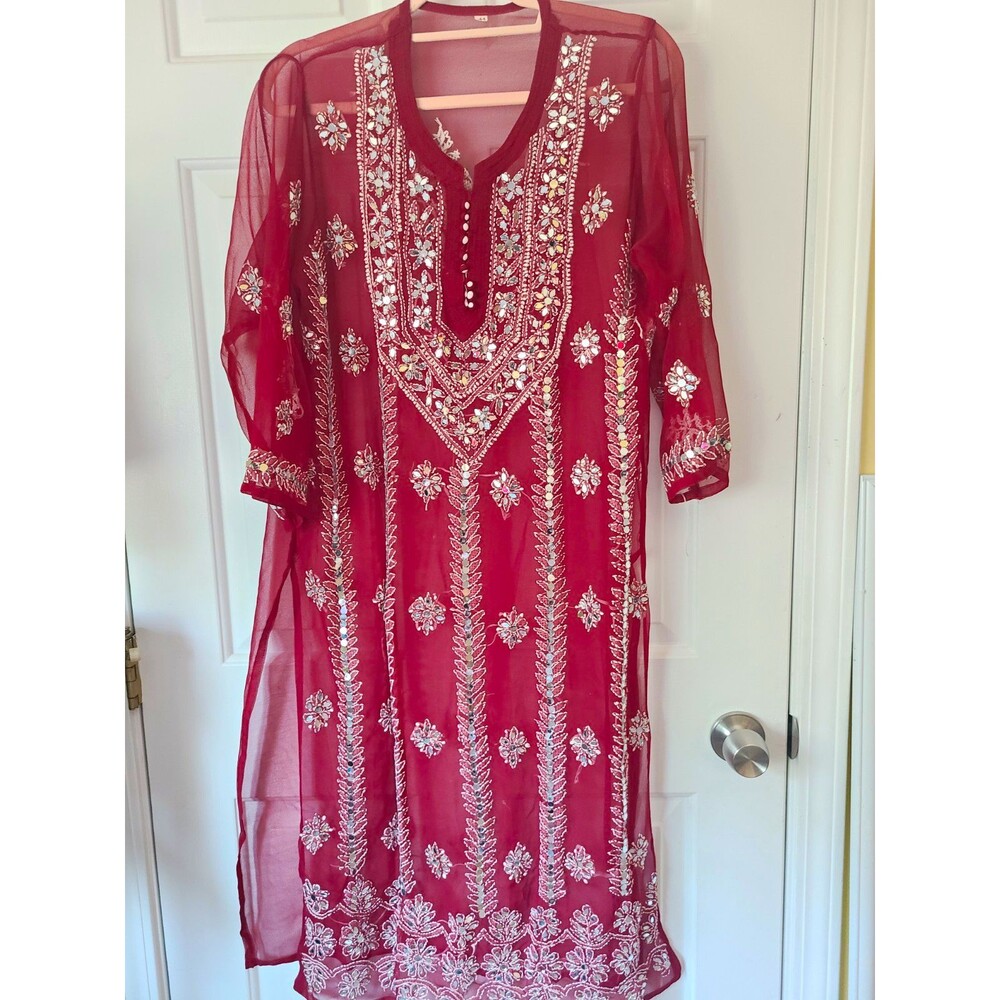 Handmade Women Maroon Red Embroidered Chikankari Chiffon Kurta Tunic Top Size L